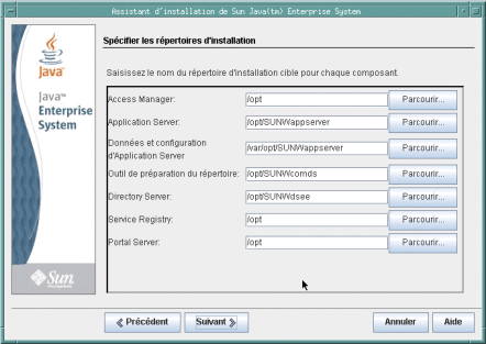 Capture d'écran de la page Spécifier les répertoires d'installation.