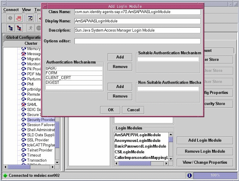 This screenshot illustrates the use of the SAP Visual
Administrator to provide a new login module for SAP Web Application Server
7.0.