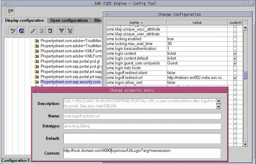 This screenshot illustrates the use of the SAP Config
Tool to configure the ume.logoff.redirect.url parameter.