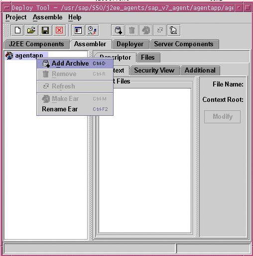 This screenshot illustrates the use of the SAP J2EE Engine
Deploy Tool to add agentapp.