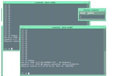 Graphic showing the cluster node console windows with the Cluster Console Panel.