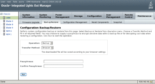 Página Backup/Restore (copia de seguridad/restauración)