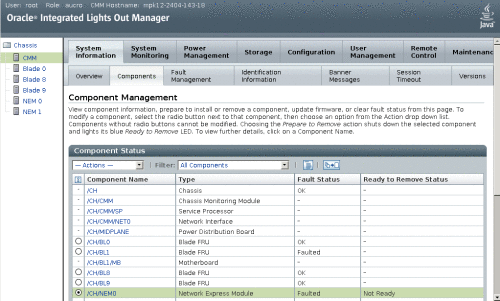 Página Component Management (administración de componentes)