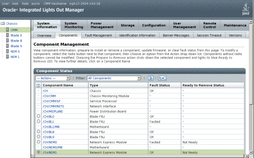 Page ILOM Components (Composants ILOM)