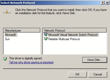 「Select Network Protocol (ネットワーク プロトコルの選択)」ダイアログを示す画像