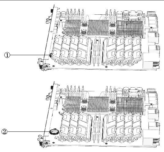 Figure showing TOD battery location before and after FB-DIMM is removed.