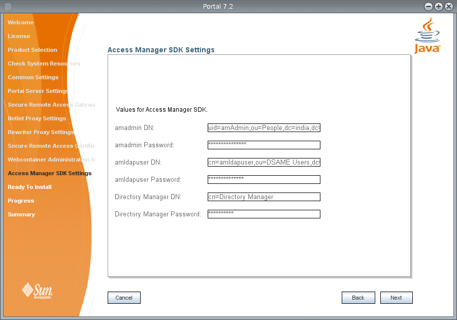Access Manager SDK Settings screen in the Portal Server
7.2 Installation Wizard