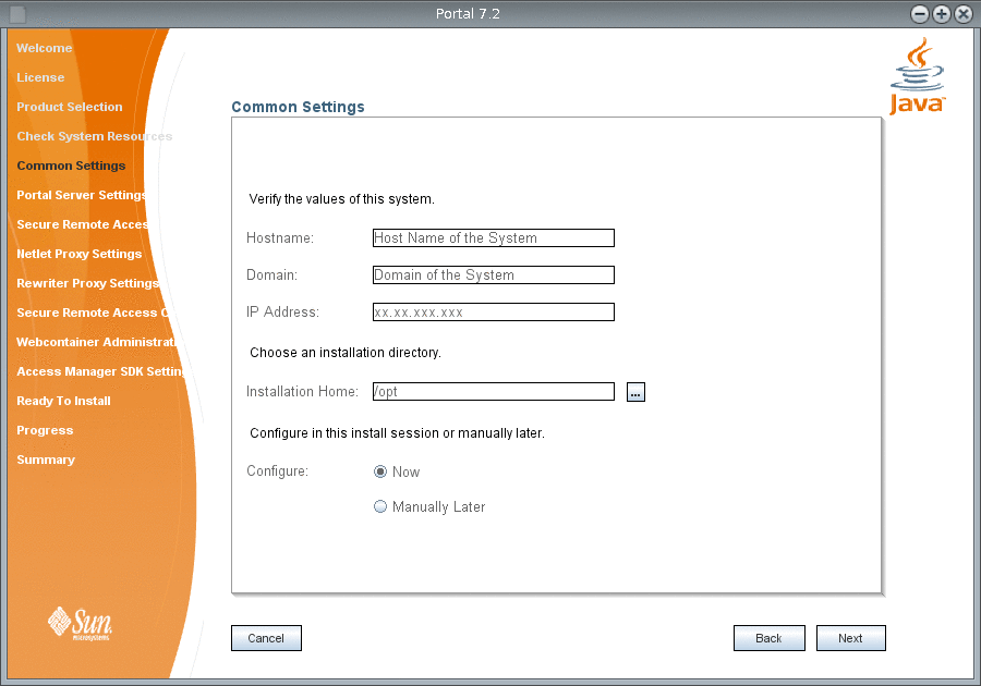 Common Settings screen in the Portal Server 7.2 Installation
Wizard