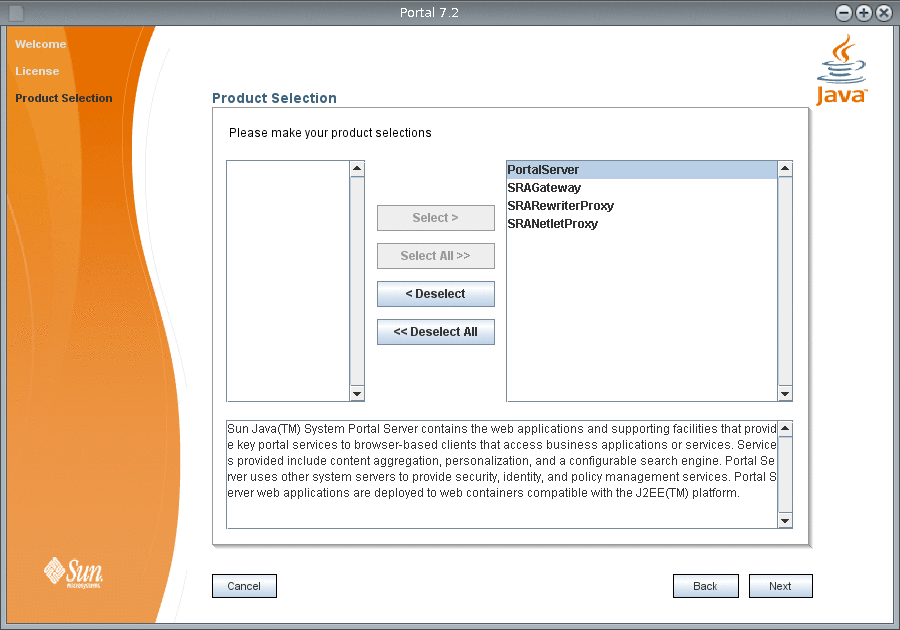 Product Selection screen in the Portal Server 7.2 Installation
Wizard