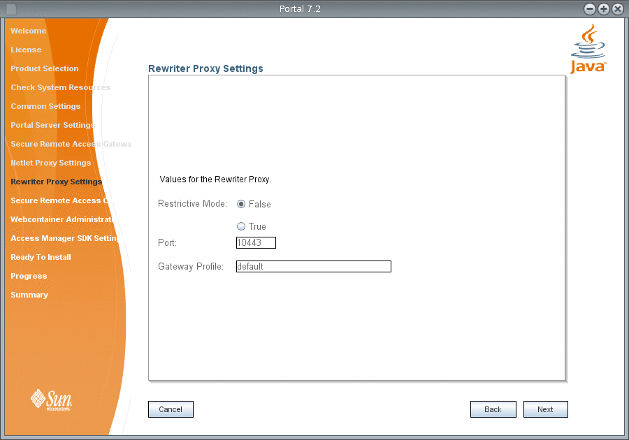 Rewriter Proxy Settings screen in the Portal Server 7.2
Installation Wizard