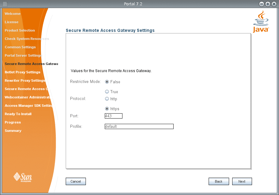 Secure Remote Access Gateway Settings screen in the Portal
Server 7.2 Installation Wizard
