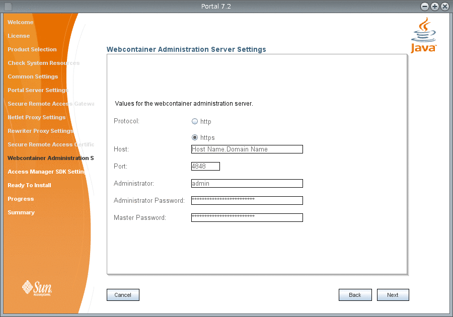Web Container Administration Server Settings screen in
the Portal Server 7.2 Installation Wizard