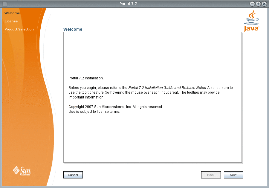 Welcome Screen in the Portal Server 7.2 Installation
Wizard
