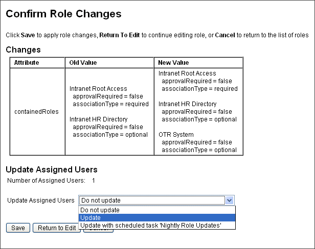Screen capture of the Confirm Role Changes page. The Update Assigned Users section displays the number of users who currently have this role assigned. The Update Assigned Users drop-down menu shows several available update options.