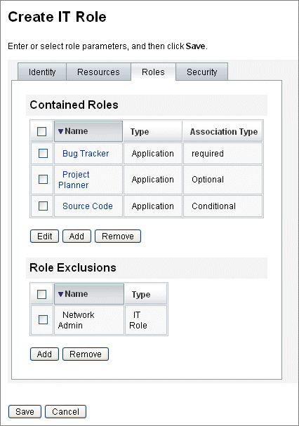 Screen capture of the Roles tab, which is one of the four tabs that make up the Create Role form.
