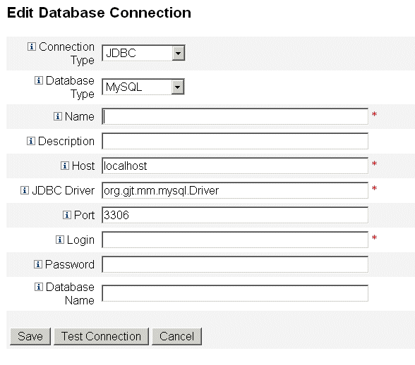 Data Exporter Edit Database Connection page