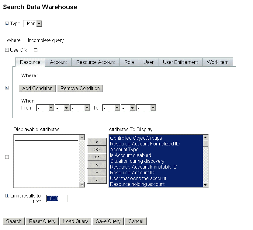 Search Data Warehouse page (forensic queries)