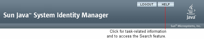 Identity Manager Help offers task-related information and access to the Search feature.