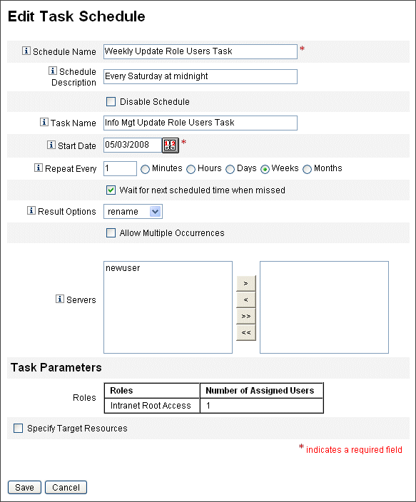Screen capture of the Update Role Users scheduled task form.