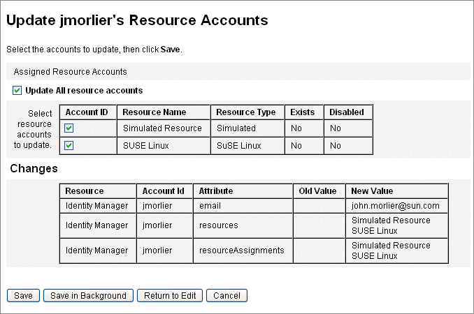 The Update Resource Accounts page shows assigned resource accounts and changes that will apply to the account.
