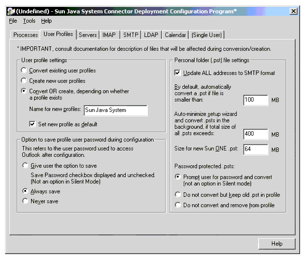 Desktop Deployment Configuration Program: User Profiles Tab