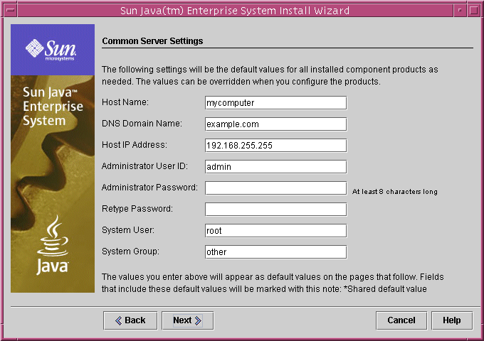Example screen capture of the installer's Common Server Settings page.