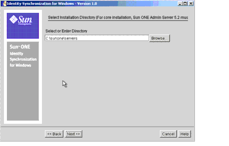 Enter directory to install Identity Synchronization for Windows.