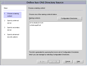 Select a naming context (distinguished name) for the Sun ONE directory source.