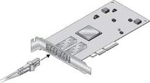image:Figure that shows how to connect the optical cable to the dual port HBA.