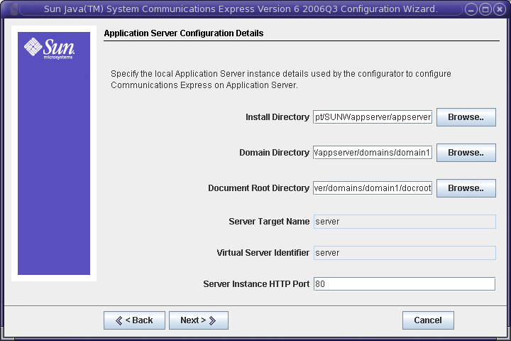 Application Server Configuration Details screen