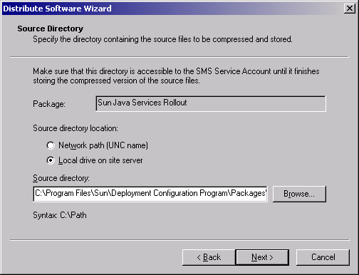 SMS Distribute Software Wizard: Source Directory Screen