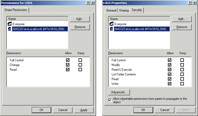 Permission Settings (left) and Properties (right) for
the LOGS Shared Folder