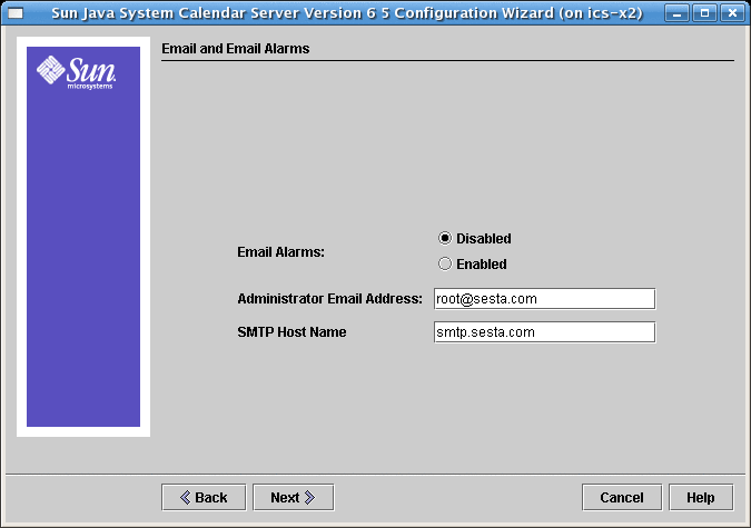 This is the email alarms screen. You choose to enable
or disable email alarms and then input the Administrator Email Address and
the SMTP Host Name.
