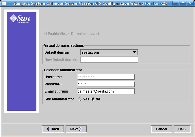 This screen contains settings for virtual domains (multiple
domains) and the calendar administrator.