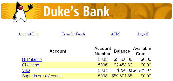 Screenshot of the account list in a page of the Duke's
Bank web client.