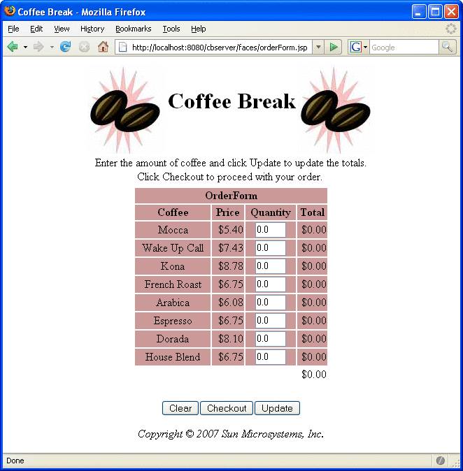 Screen shot of Order Form page