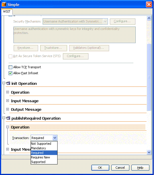 Screen shot showing how to set the transaction attribute
for the publishRequired method