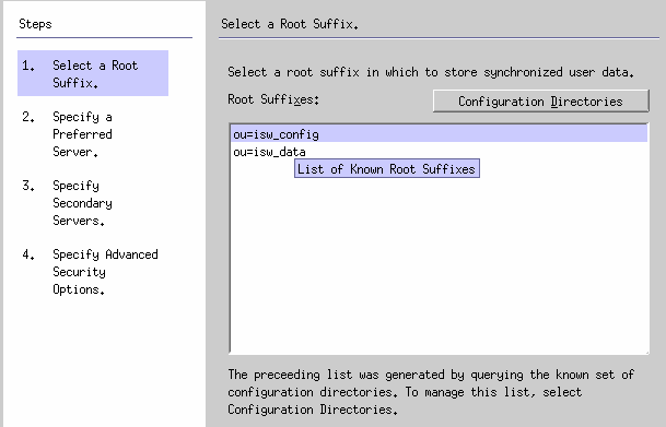 Use this panel to specify a root suffix.