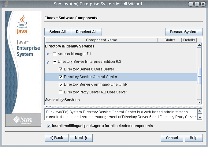 The Directory Service Control Center component is selected.