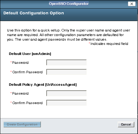 OpenSSO Enterprise default configuration passwords page