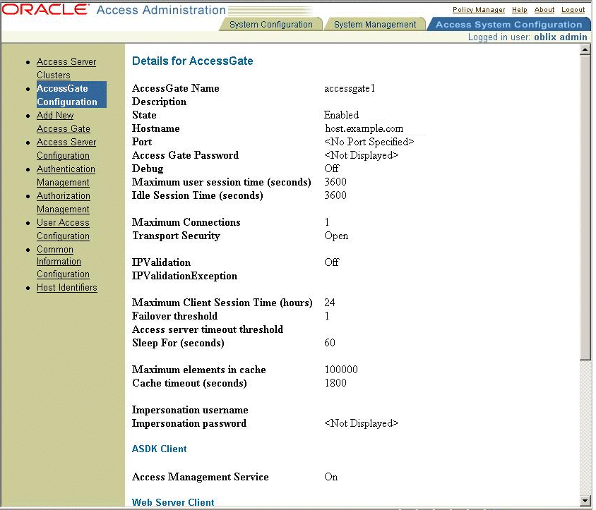 Oracle Access Manager console, Details for AccessGate
(continuted).