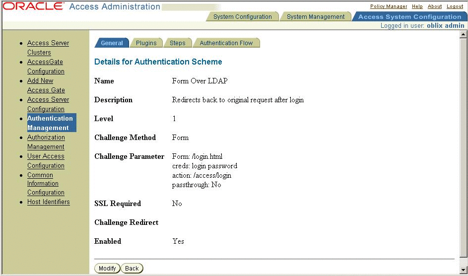 Oracle Access Manager console, Plugins for Authentication
Scheme