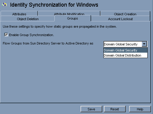 グループ同期を有効にし、Directory Server から Active Directory にグループを伝播させる方法を指定します。