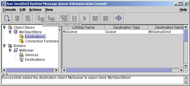 Message Queue Administration Console window. Destinations
selected in tree view. Destination objects displayed in contents pane.