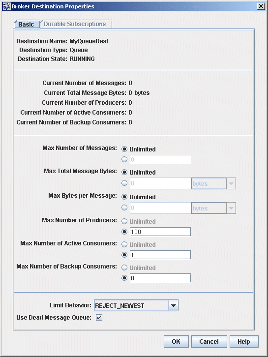 Broker Destinations Properties dialog. Buttons from left
to right: OK, Cancel, Help.