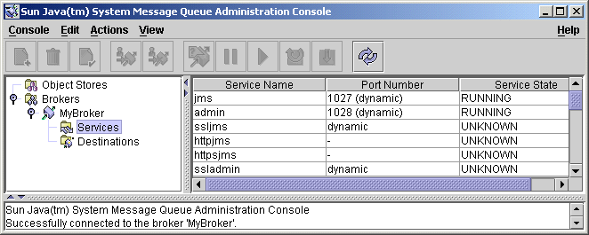 Message Queue Administration Console window. Broker services
node selected. Contents of node displayed in the contents pane.