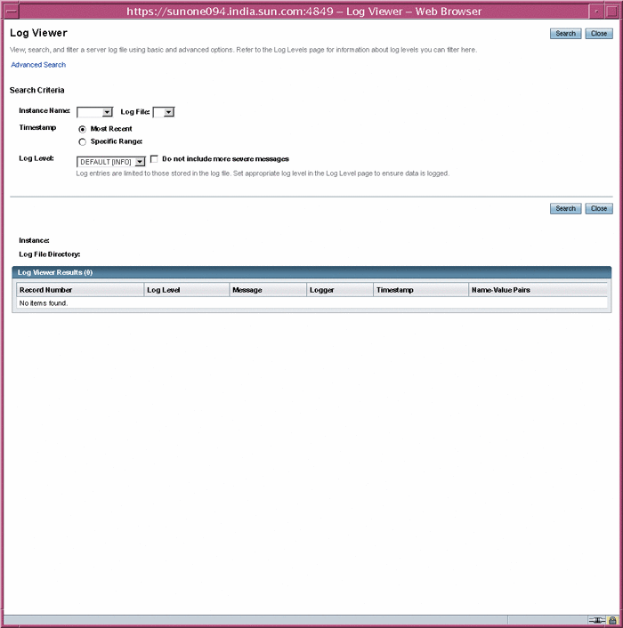 The Log Viewer provides view, search, and filter options.