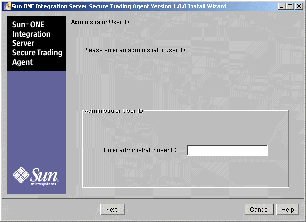 Screen capture displaying the installer screen in which you specify the administrator user ID.
