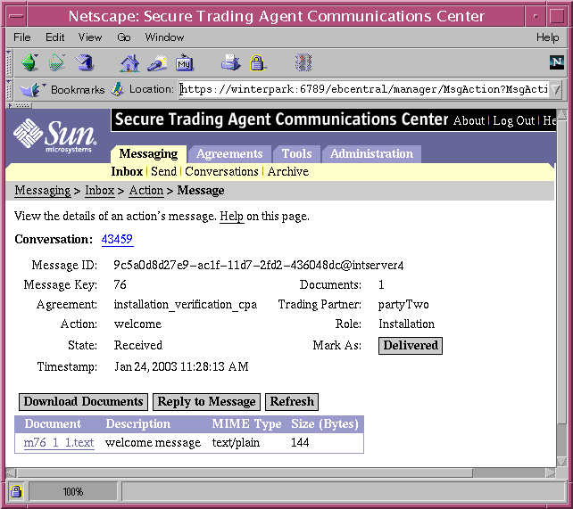 Screen capture displaying the Communications Center Message details.
