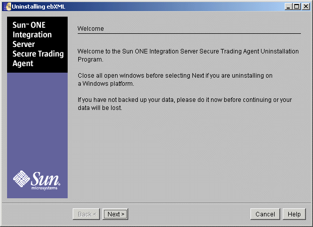 Screen capture displaying the Secure Trading Agent uninstaller Welcome screen.
